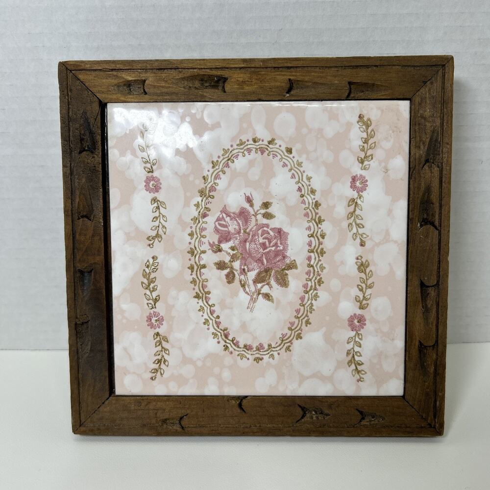 VTG Wood Framed Ceramic Tile 7.5" Trivet Pink Rose Floral Bouquet Made In Spain